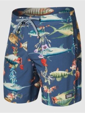 SAXX Betawave 7" 2N1 Boardie Navy Blue Tropical Fish Print Swim Shorts